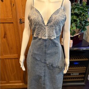Lace and Denim Spaghetti Strap Dress
